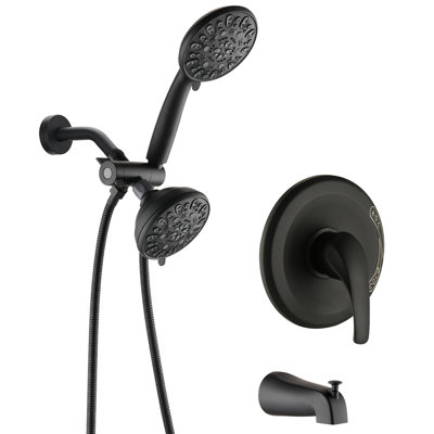 Système de douche mural avec bec de baignoire - noir mat. Robinet double 2 en 1. 7 modes de jet pour une douche confortable. Tout en métal. Débit de 1,8 gallons par minute. Longueur du boyau 59 po. Raccordement haut 1/2 po