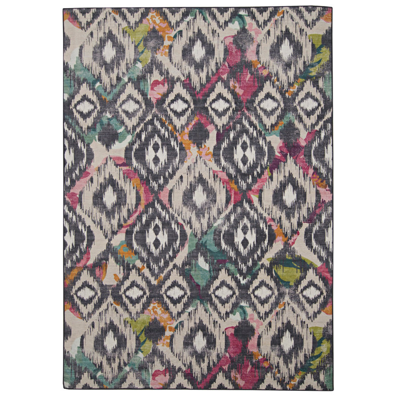 Kivett Ikat Ivory and Charcoal Indoor Outdoor Machine Washable Rug, Rectangle 7' x 9'