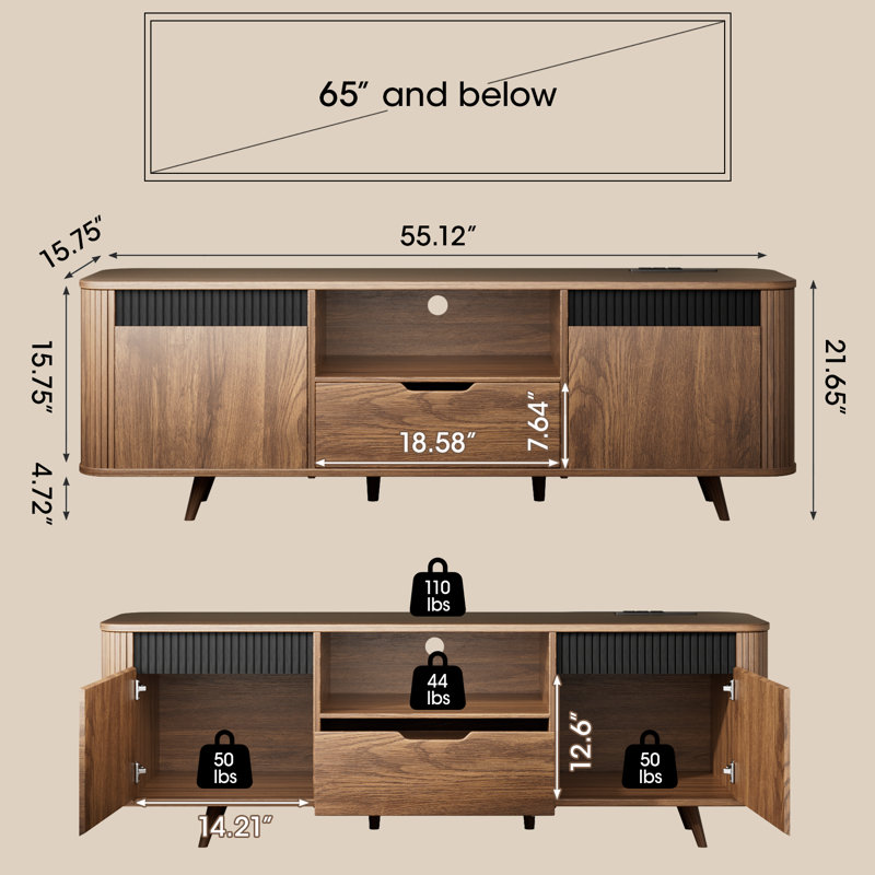 Modern Wood Tv Stand With Power Outlet,Storage And Shelves To Fit Up To 65" Tvs