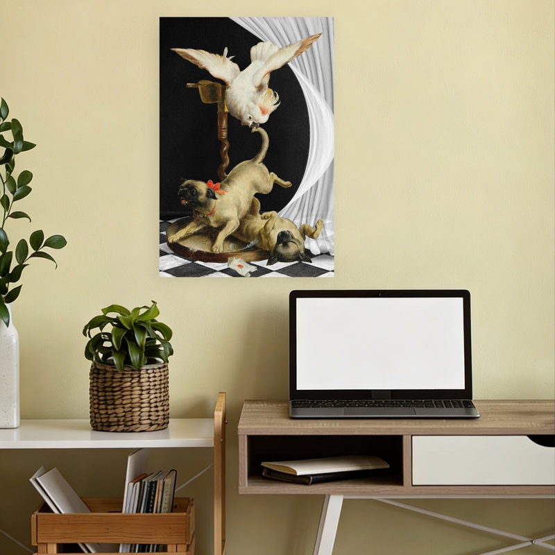 Playful Pugs And Cockatoo Classic Elegant Playful Bird Dog Portrait Wall Art Print by Marja Van Den - Wrapped Canvas Print