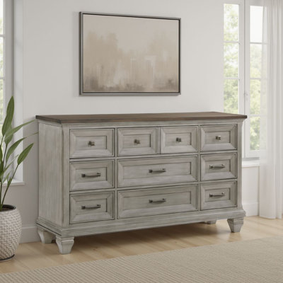 Commode Giny, 65 pouces, 9 tiroirs, bois d'acacia brun et gris antique