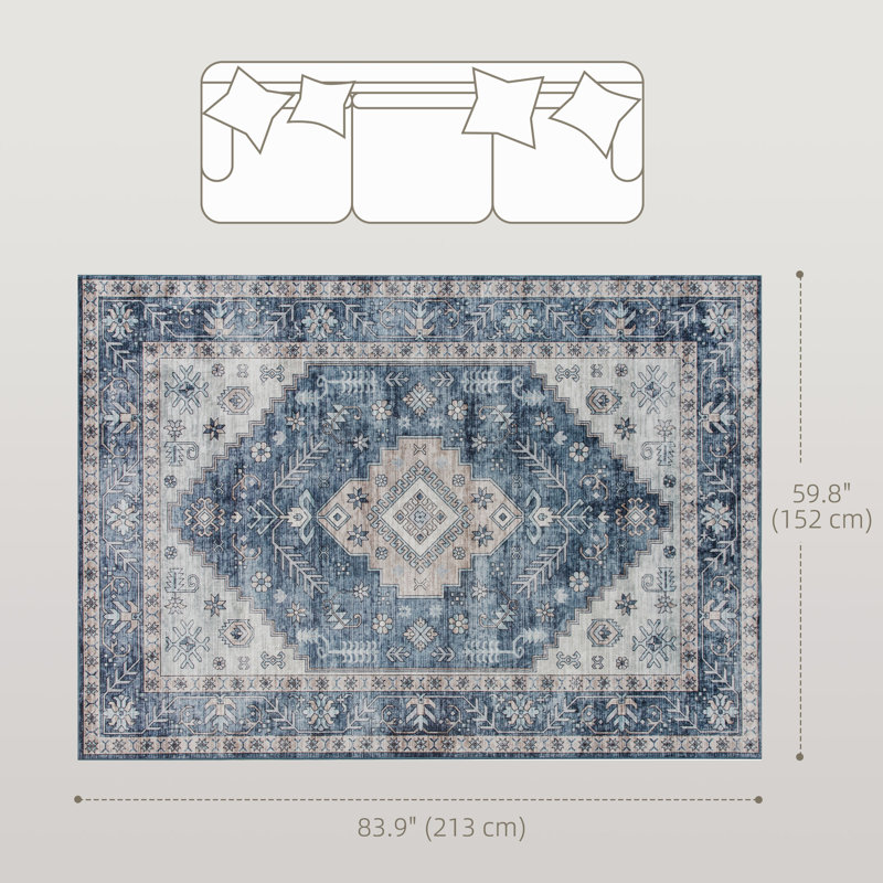 Tapis vintage lavable à la machine pour le salon, bleu, Rectangle 6 pi x 9 pi