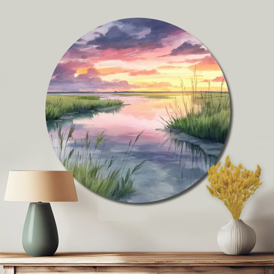 «Sunset Coastal Marshlands In North Carolina», art mural rond en métal