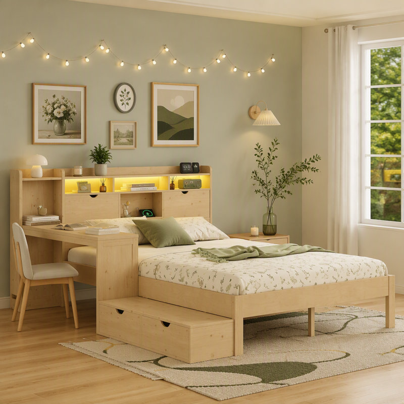 Lit plateforme avec bureau, tiroirs et station de charge, Grand lit, Naturel