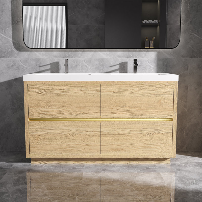 Meuble-lavabo autoportant avec comptoir à double surface en blanc pour salle de bain, 60", Brun