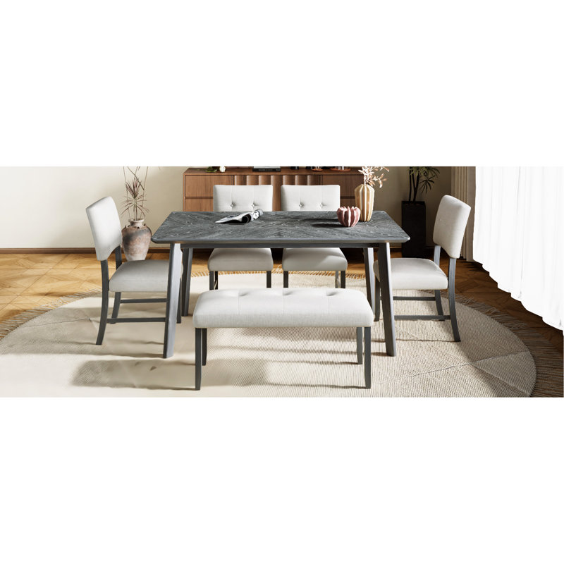 Table de salle à manger rustique 6 grises, table rectangulaire avec placage en bois de frêne et aspect naturel, 4 longues chaises rembourrées pour l'extérieur (chambre de chevet couverte