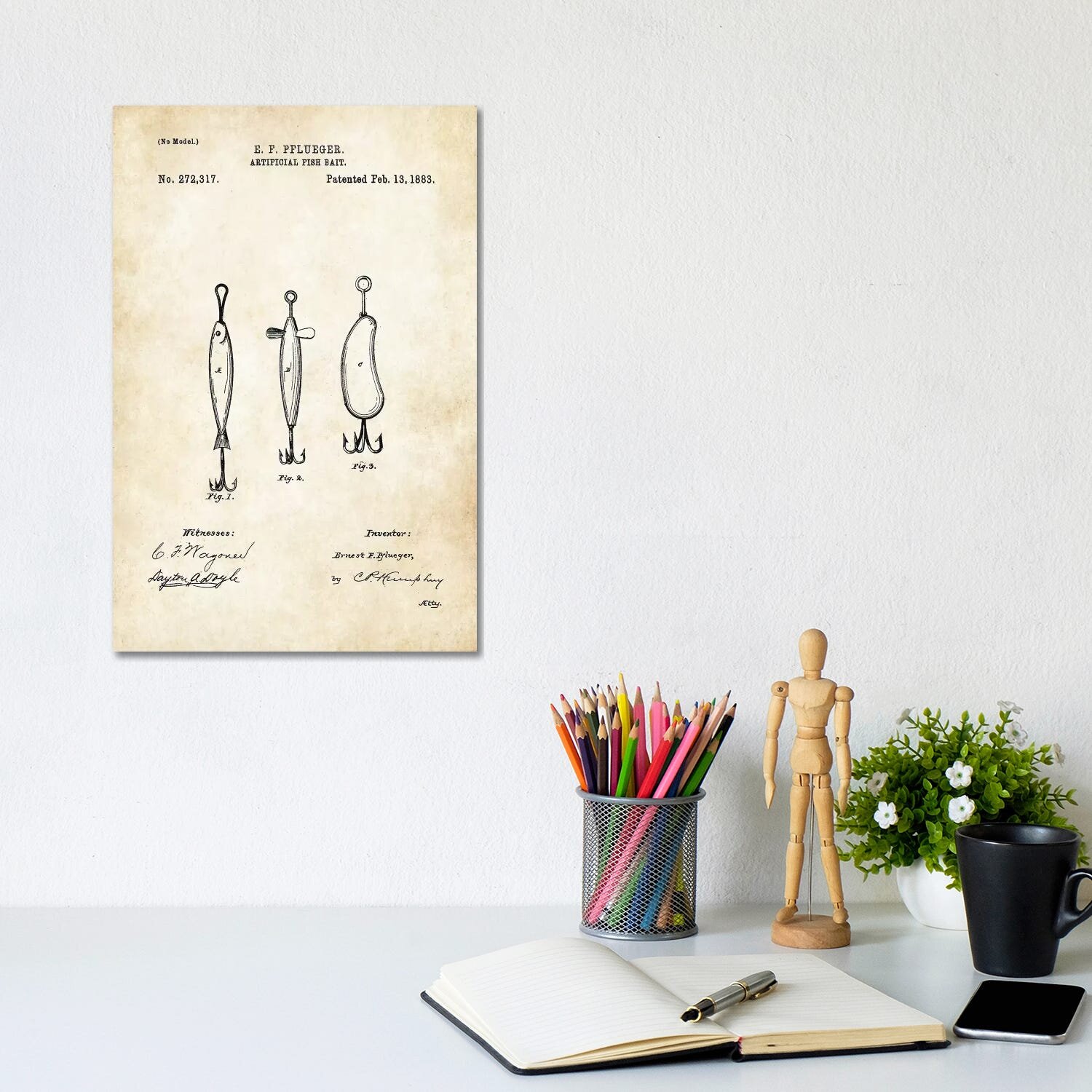 Bless international Antique Fishing Lure On Canvas by Patent77 Print