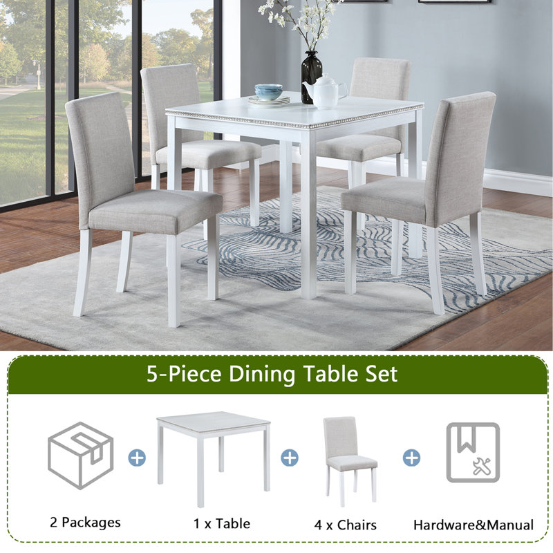 Ensemble de table de salle à manger 5 pièces en bois, ensemble de table de cuisine avec une table carrée et 4 chaises rembourrées, table de salle à manger en bois avec décoration en cristal et ensemble de chaises pour la cuisine
