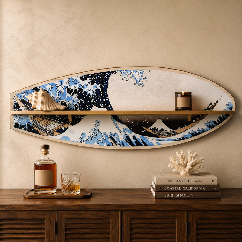 Étagère murale en bois de style planche de surf « La Grande Vague » d'Hokusai, inspirée de l'art japonais de Kanagawa. Parfait pour le salon, la chambre à coucher, le bureau, un bar tiki ou une maison de plage.