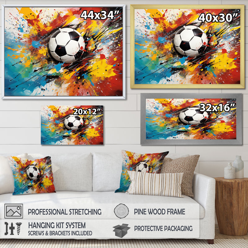 Abstraction soccer ball - décoration murale soccer, Cadre doré à une seule photo, H 16 po x l 32 po x P 1 po