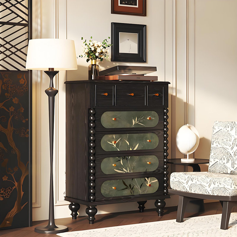 Commode de chambre en bois massif avec poignées en cuivre, Noir