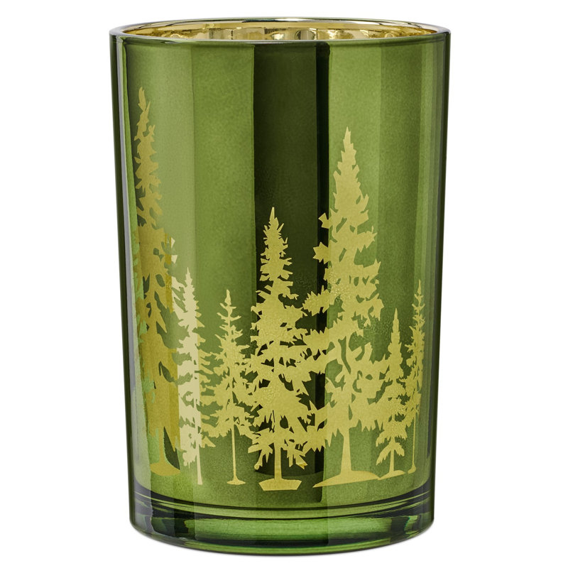 Emerald Woodland Glass Hurricane Candle Holder – 7" Tall For Pillar Candles, 7" H x 4.5" W x 4.5" D