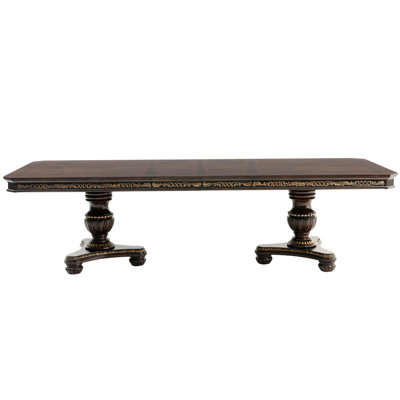 Elegant Rectangular Dining Table With Cherry Finish And Gold Tipping, Double Pedestal, Extendable, Seats 8 In Pedestal Extendable 8, Traditional Style