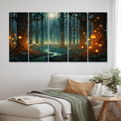 «Glowing Lights In The Full Moon Forest Magic», impression d'art mural prairie - 5 panneaux égaux