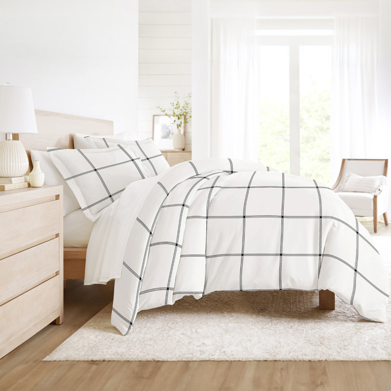 Duvet Cover Set Patterned Microfiber Ultra Soft Bedding in Grid, Queen Duvet Cover + 2 Standard Shams