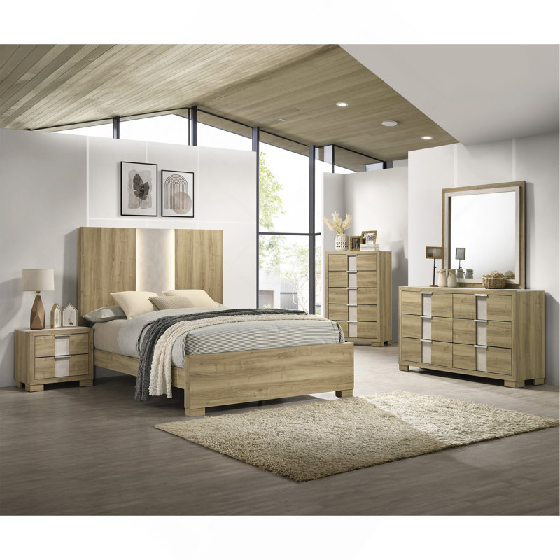 Lit à panneau 1pc contemporain avec éclairage intégré bois flotté, Très grand lit