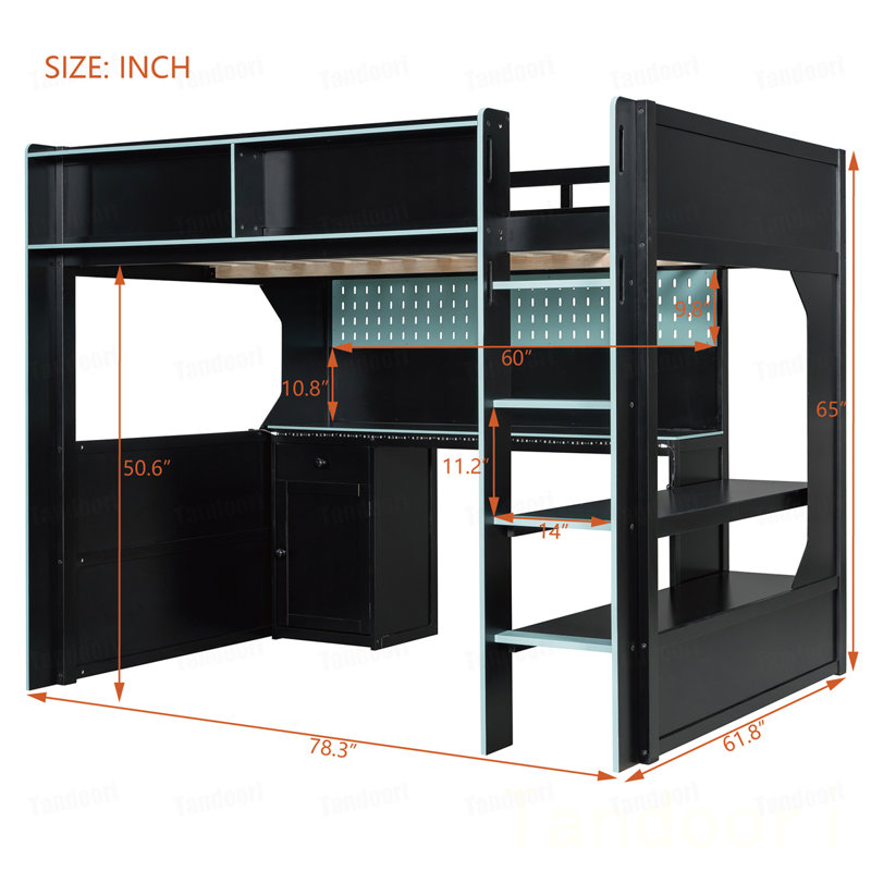 Lit mezzanine double avec bureau intégré et lumières, base de lit en bois moderne avec bureau et station de charge intégrée