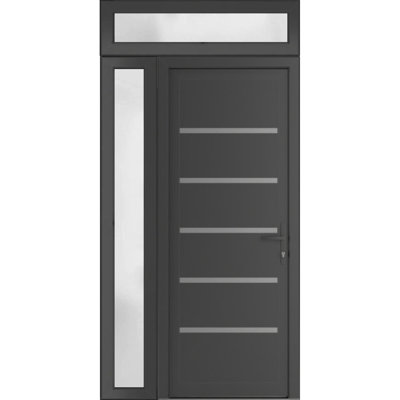 Porte d'entrée extérieure prémontée en PVC-U Manux 8415, gris anthracite, avec imposte et panneau latéral, pour bureaux, commerces et habitations. Dimensions : 42 x 94 po (L 30 + 12 po x H 80 + 14 po). Ouverture à gauche vers l'intérieur.