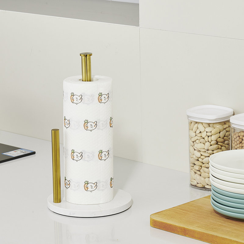 Porte-essuie-tout de comptoir en acier inoxydable pour rouleau de cuisine avec base marbrée naturelle lestée, Doré
