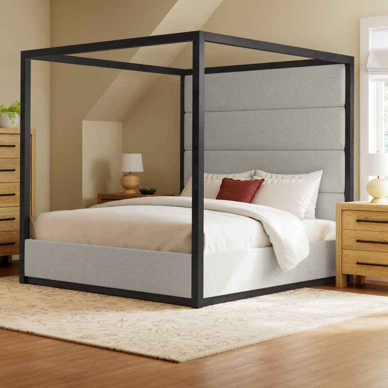 Langley Tufted Canopy Bed, King, Gray/Off-White