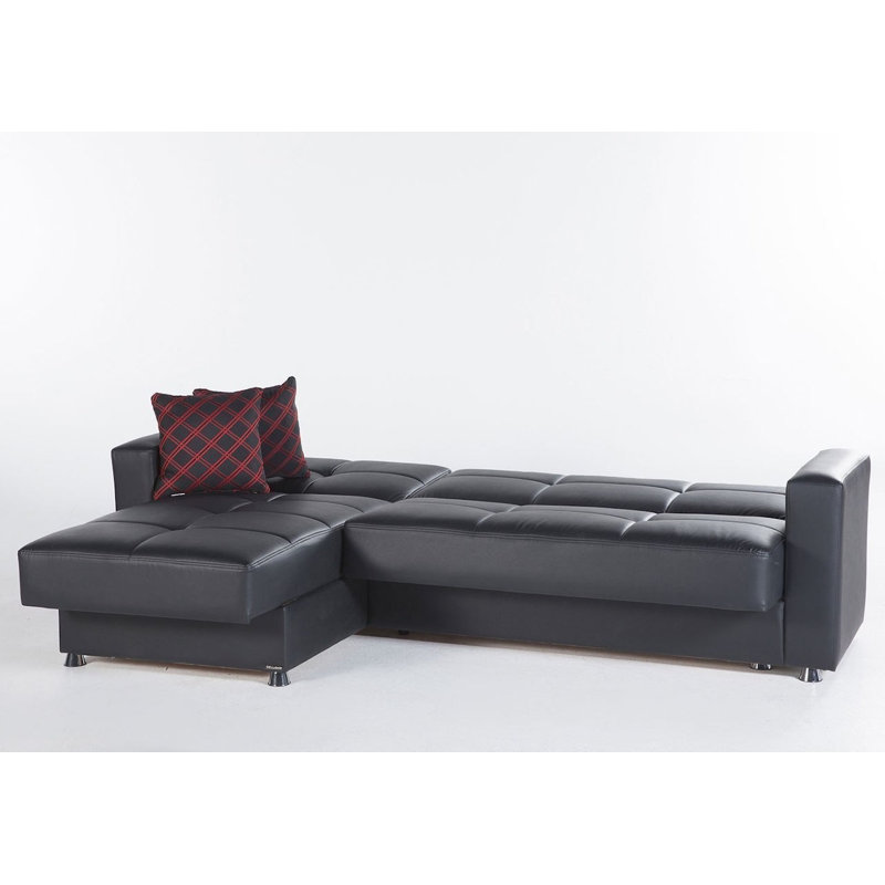 Élégant canapé-lit et méridienne réversible en similicuir de 102 po de large avec repose-pieds, noir