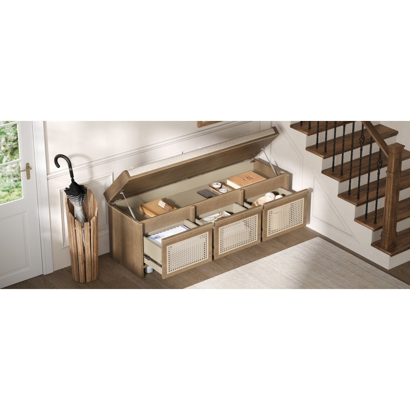 Banc à chaussures d'entrée de 122 cm avec tiroirs en rotin et coussin capitonné, naturel, Naturel