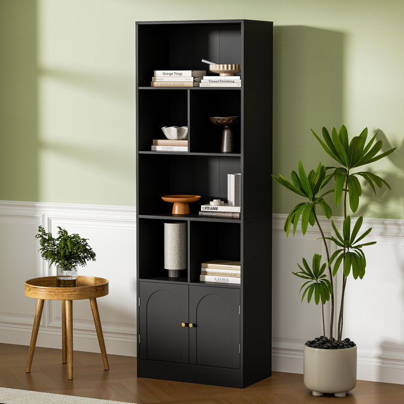 71" Tall Bookshelf With 6 Cubes And 2 Doors, 4-tier Bookshelf, Open Shelf Bookcase With Cabinet, Modern Cube Storage Organizer For Living Room, And Office, Black