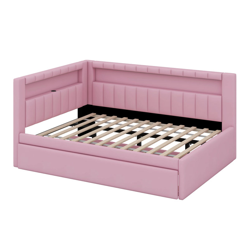 Upholstered Platform Bed With Trundle,USB Ports And LED Belt, Full/Double, Pink