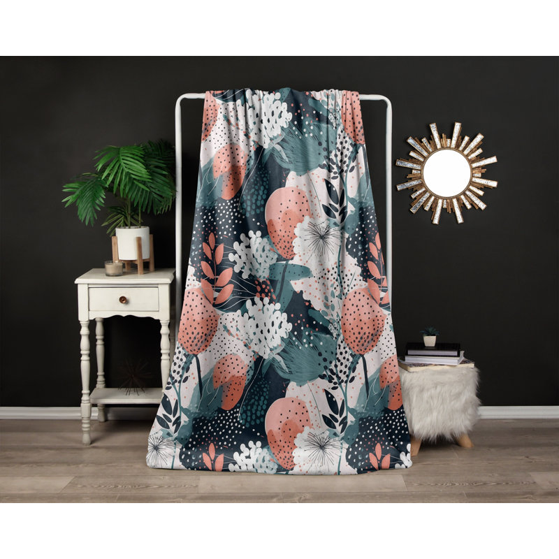 Throw Blanket, 68" W x 80" L, Floral/Polka Dot, Orange/Blue/White