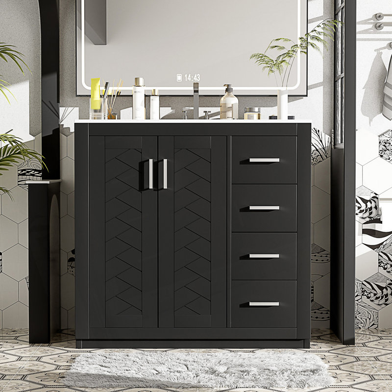 Ensemble de meuble-lavabo avec lavabo en céramique, meuble de rangement pour salle de bain, ensemble de meuble-lavabo autoportant avec 3 tiroirs