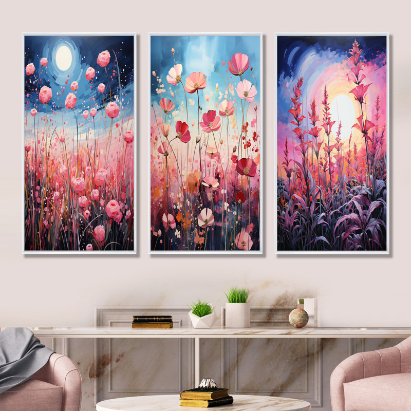 «Neon Pink Herbs By The Moon», ensemble de 4 reproductions d'art mural, H 28 po x l 36 po, Cadre flottant blanc