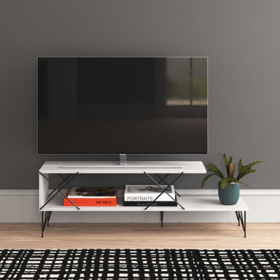 Modern TV Stand with Numerous Shelves, White, 47.2 x 15.7 x 15.7 inches | 100% Melamine Coated Particle Board, Thickness: 0.7 inches | Sturdy Iron Legs, Perfect for Living Room Entertainment & Stylish Display