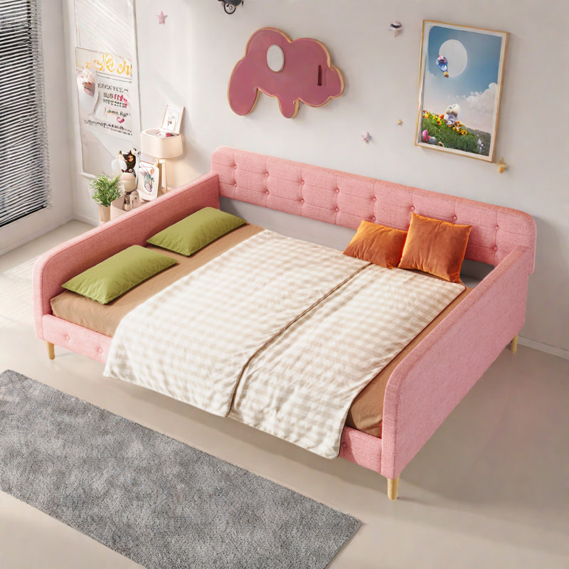 Lit de jour rembourré avec 4 pieds de soutien, Rose