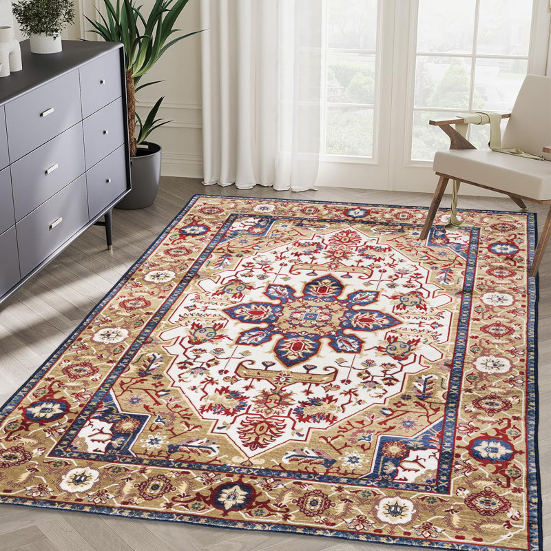 Tapis persan 6X9 rétro antidérapant lavable pour le salon, la cuisine, la chambre à coucher, Doré, Rectangle 6 pi x 9 pi