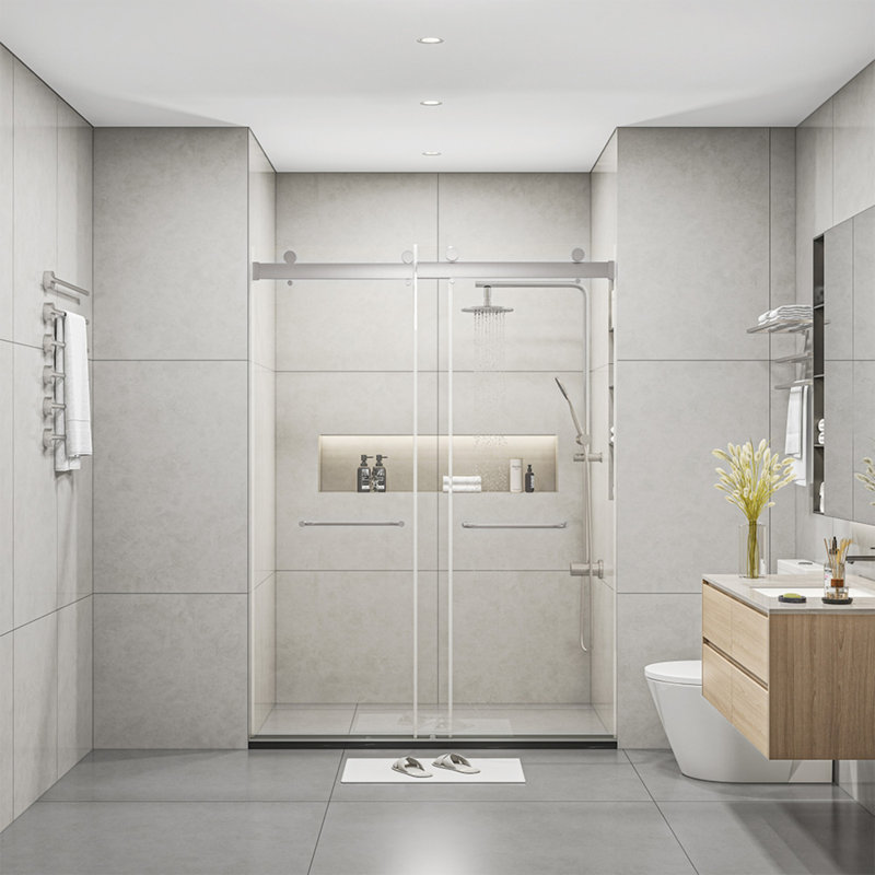 Frameless 60" Clear Glass Sliding Shower Doors with Brushed Nickel Finish