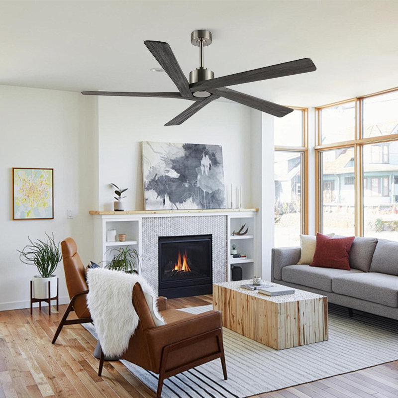 Ventilateur de plafond d'intérieur à 5 pales Baun avec télécommande, 64", Gris, Nickel brossé
