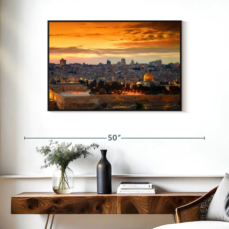 Paysage urbain de coucher de soleil de Jérusalem, Cadre flottant noir, 37 po x 25 po