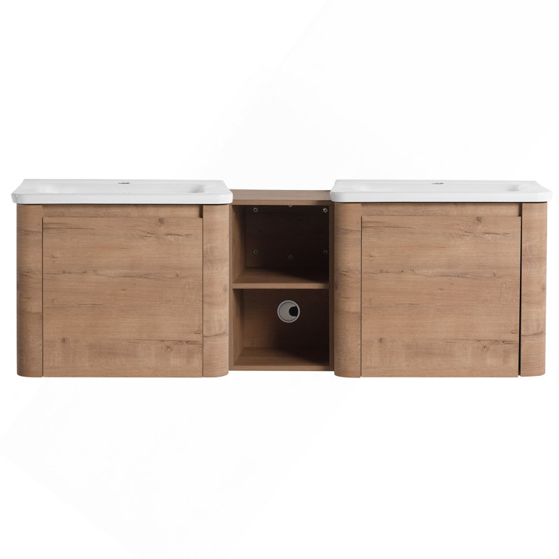 Meuble-lavabo mural 60 po avec lavabo en céramique blanche et tablettes de rangement et 2 portes à fermeture en douceur, contreplaqué