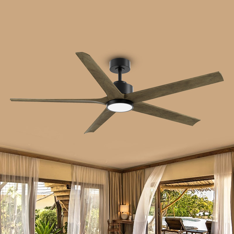 60” 5 Blade Solid Wood Ceiling Fan With Light & Remote Control,elegant & Quiet Airflow, Black, Light Brown