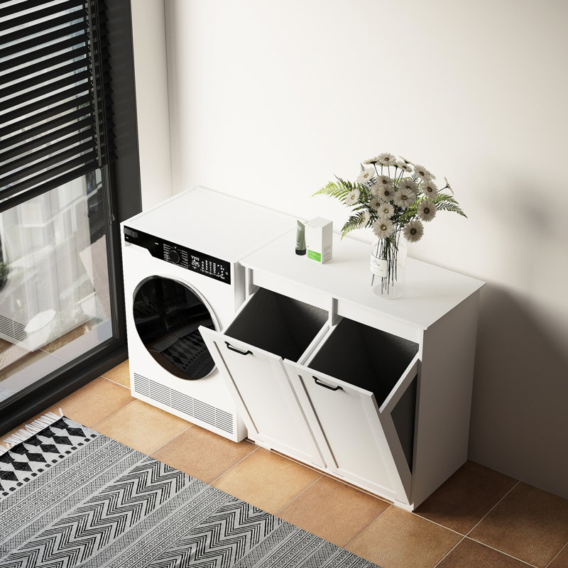 Laundry Cabinet With Removable Liner Bags - Keep Clothes Neat And Tidy White Wooden Hamper 15mm Particle Board 3mm Partition Separate Categories