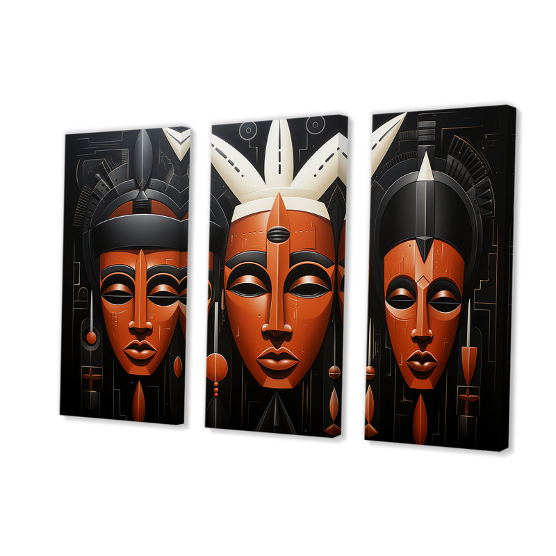 Masque africain noir et orange Kuba, H 28 po x l 36 po, Toile tendue