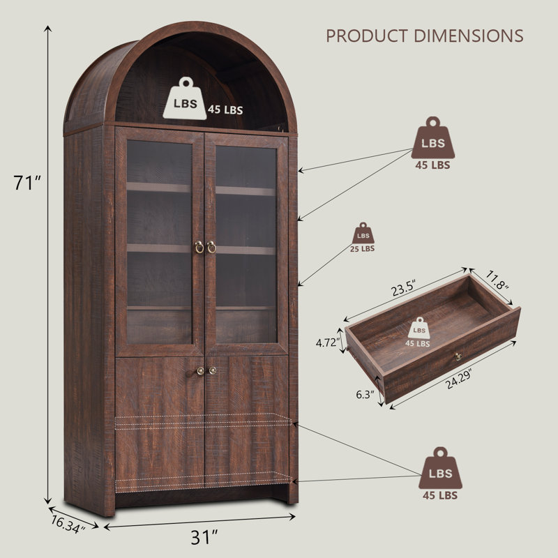 Garde-manger arqué de 71 po de hauteur, armoires de rangement modernes avec tablettes ouvertes et réglables, Brun