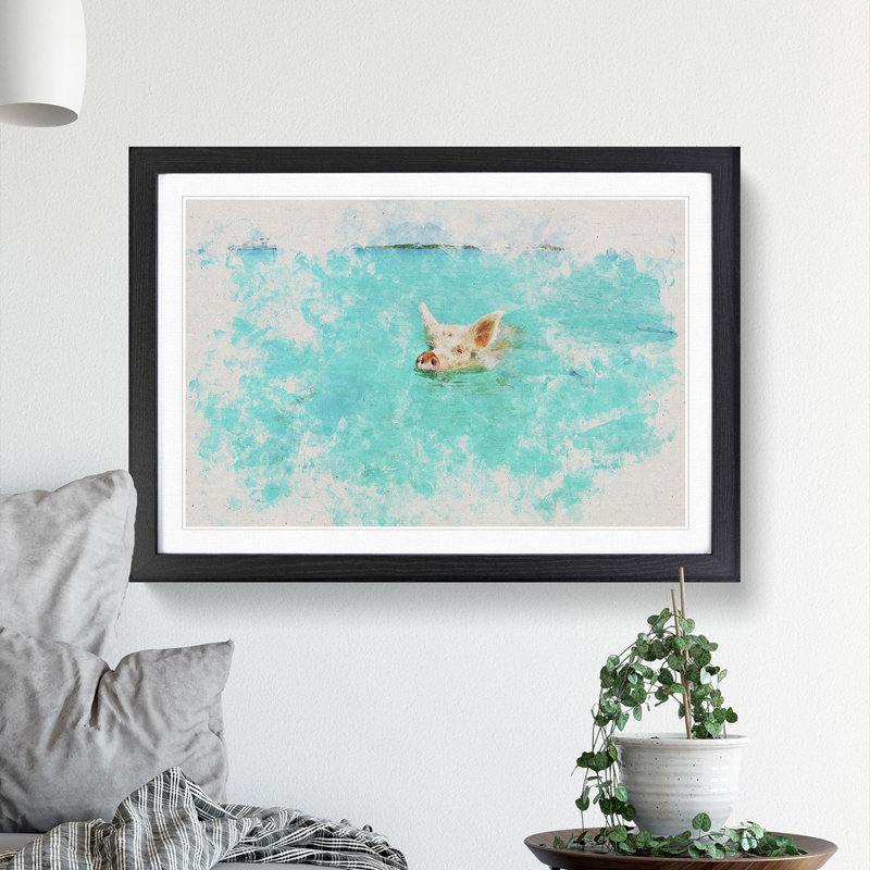 Swimming Pig - Picture Frame Painting, 27cm H x 36cm W x 2cm D, Black Framed
