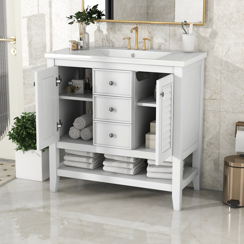 De salle de bain blanc avec lavabo en céramique, deux armoires et tiroirs, tablette ouverte, structure en bois massif (sy999101aak-1)