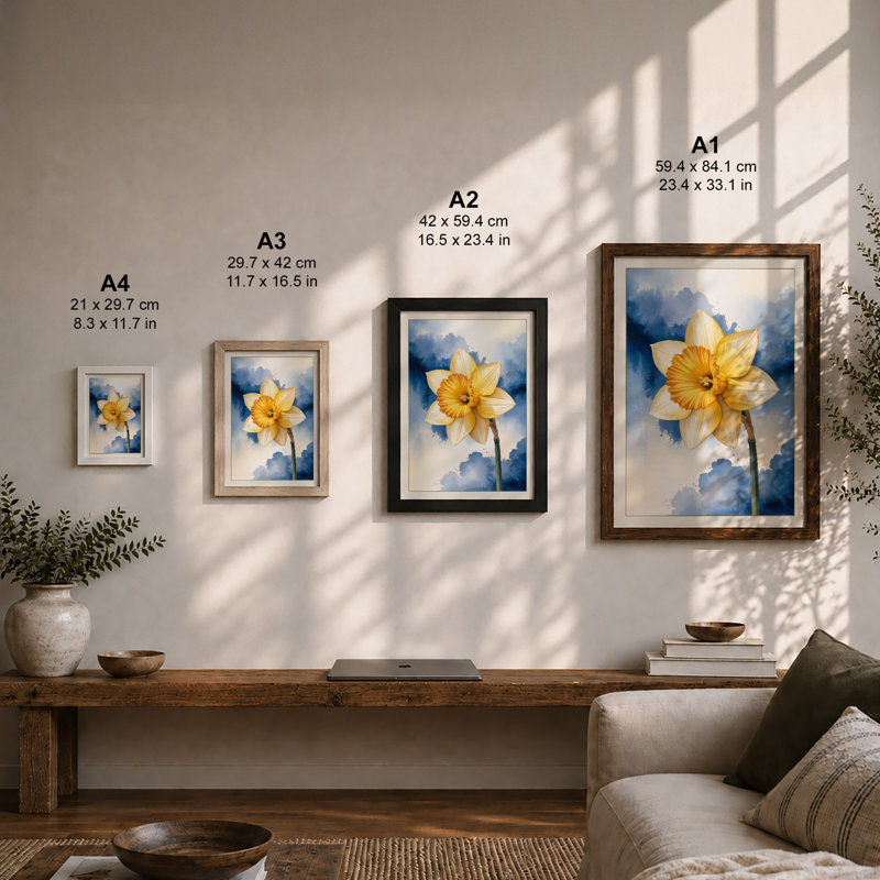 Solitary Daffodil Botanical - Framed Print, A4 - 29.7 x 21.0 cm, White