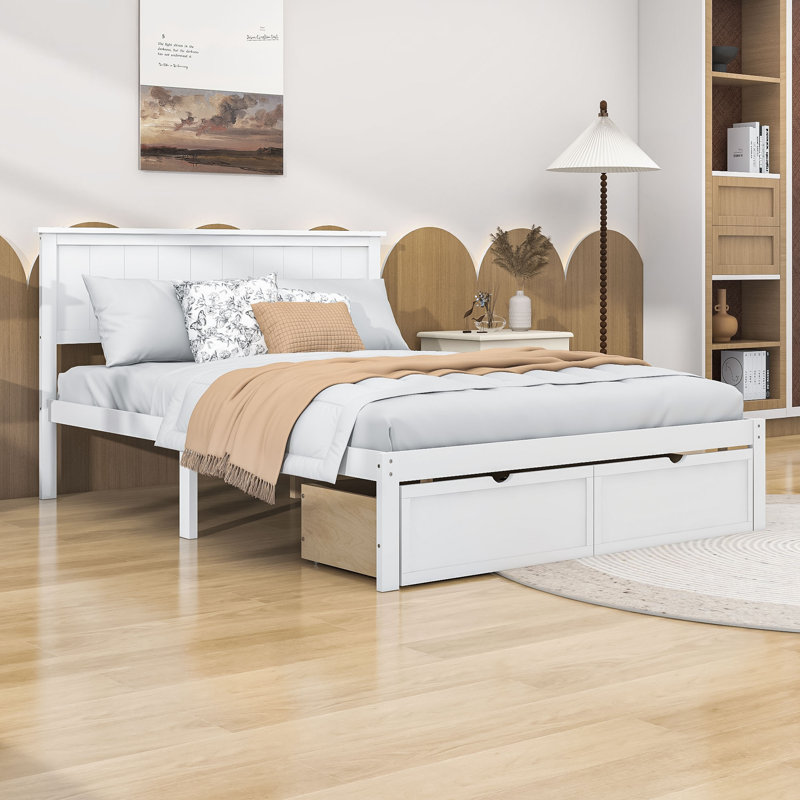 Lit plateforme double à 2 tiroirs avec rangement sous le lit, Blanc