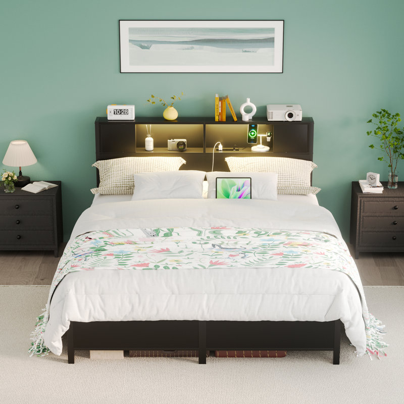 Cadre de lit en métal avec tête de lit, 2 armoires avec portes, lumières DEL et ports USB, grand espace de rangement, Grand