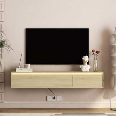 65-inch Floating TV Stand with Power Outlet and LED Lights, High Gloss Wall Mounted Media Console for Living Room