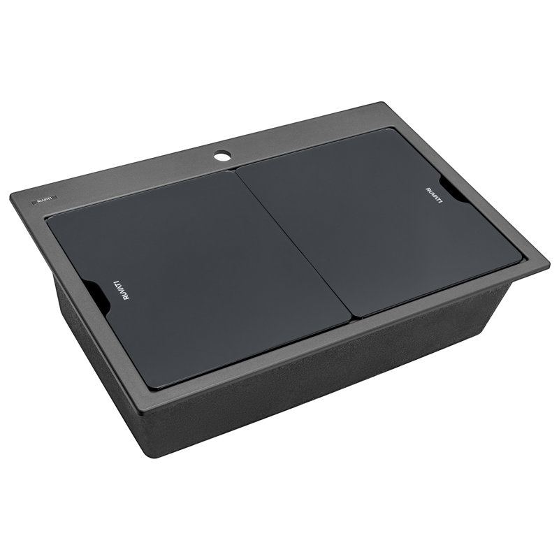 Ruvati LedgeFit 2-Piece Black Glass Cutting Board and Sink Cover Set for Ruvati Workstation Sinks 17 x 15 inch, Black