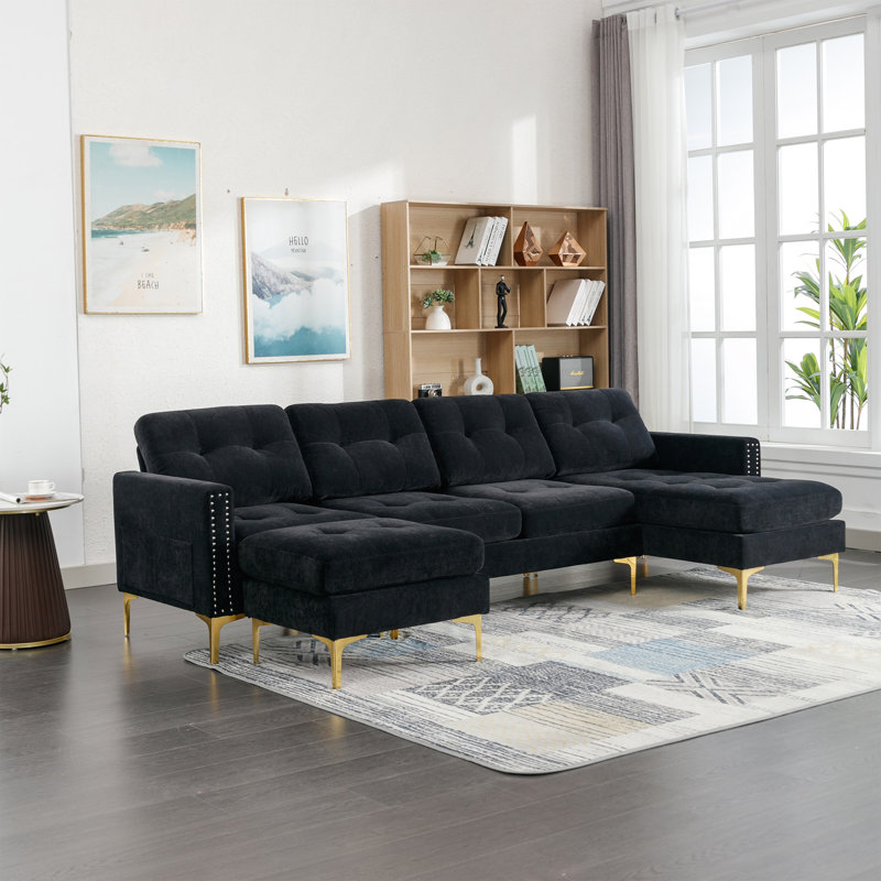 110.6" L-Shape Convertible Sectional Sofa Couch With Movable Ottoman For Living Room, Black Velvet